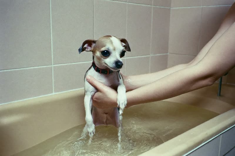 Hands lifting a small dog into the grooming bath