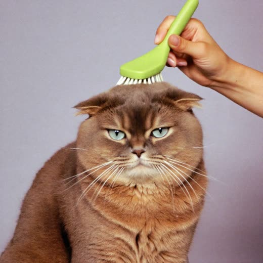 A calm cat being brushed